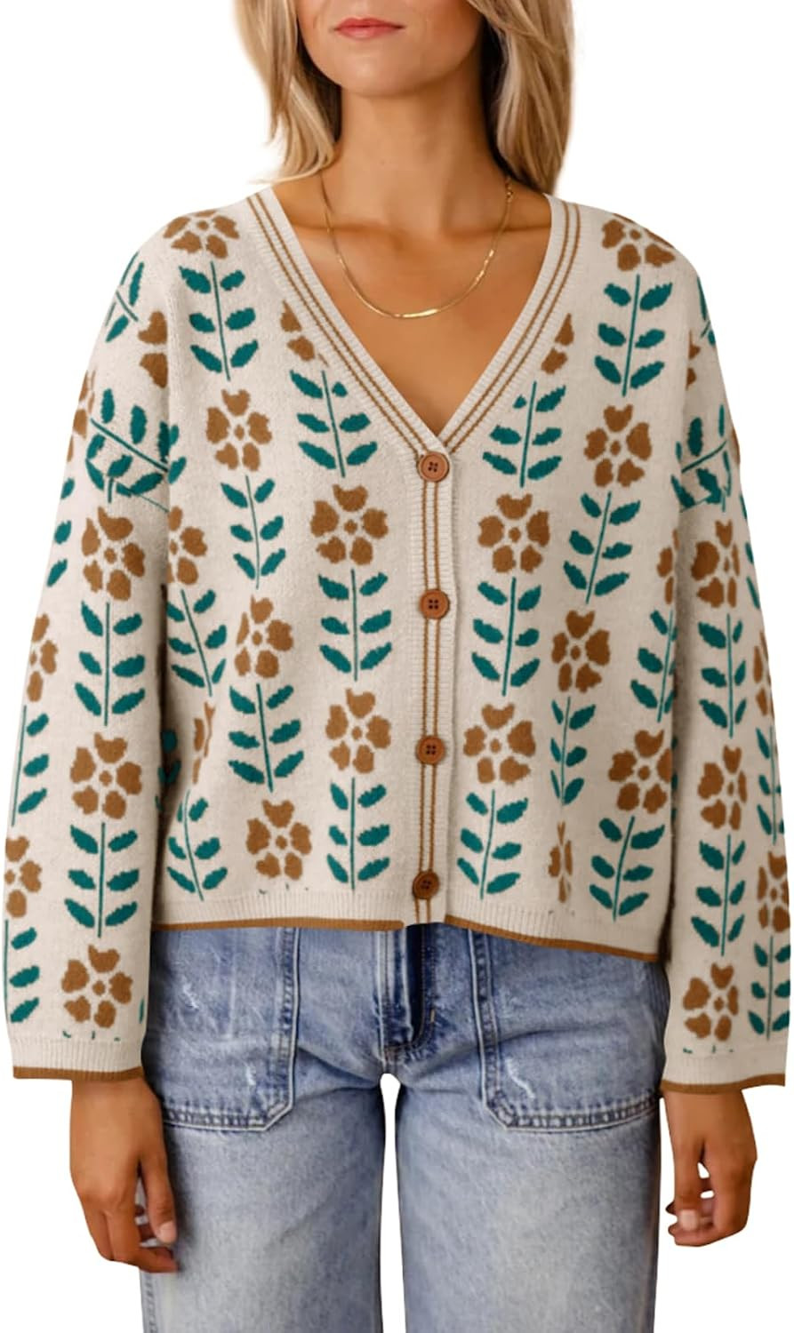 Saodimallsu Womens Floral Print V Neck Cardigan Open Front Button Down Knit Sweater Long Sleeve Loose Fashion Tops | Amazon (US)