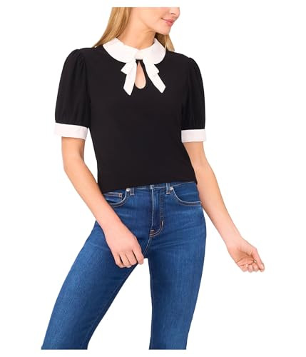 CeCe Womens Puff Short Sleeve Contrast Collar & Bow Top Rich Black Small | Amazon (US)