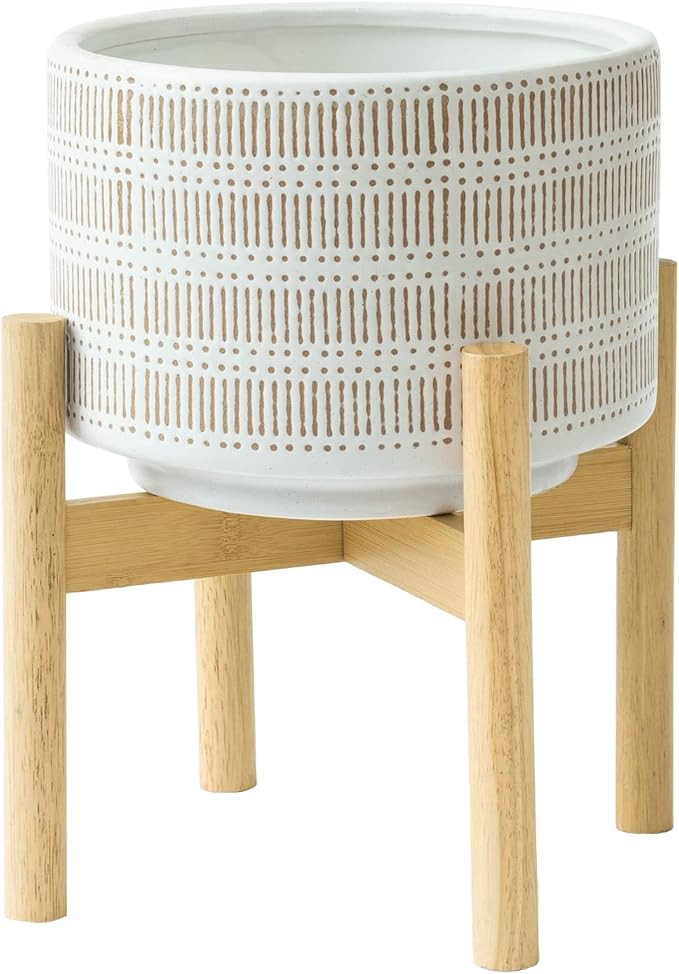 LA JOLIE MUSE Large Ceramic Plant Pot with Stand - 9.4 Inch Boho Cylinder Indoor Planter with Dra... | Amazon (US)