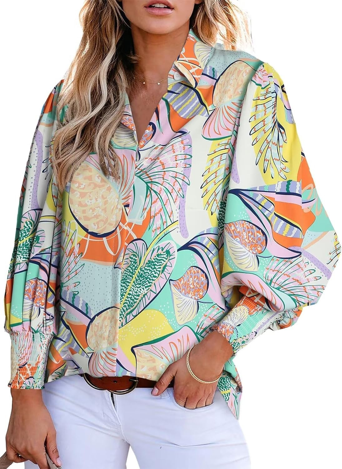 Astylish Women 2024 Loose V-Neck Shirts Paisley Print Lantern Sleeve Blouse Tops | Amazon (US)