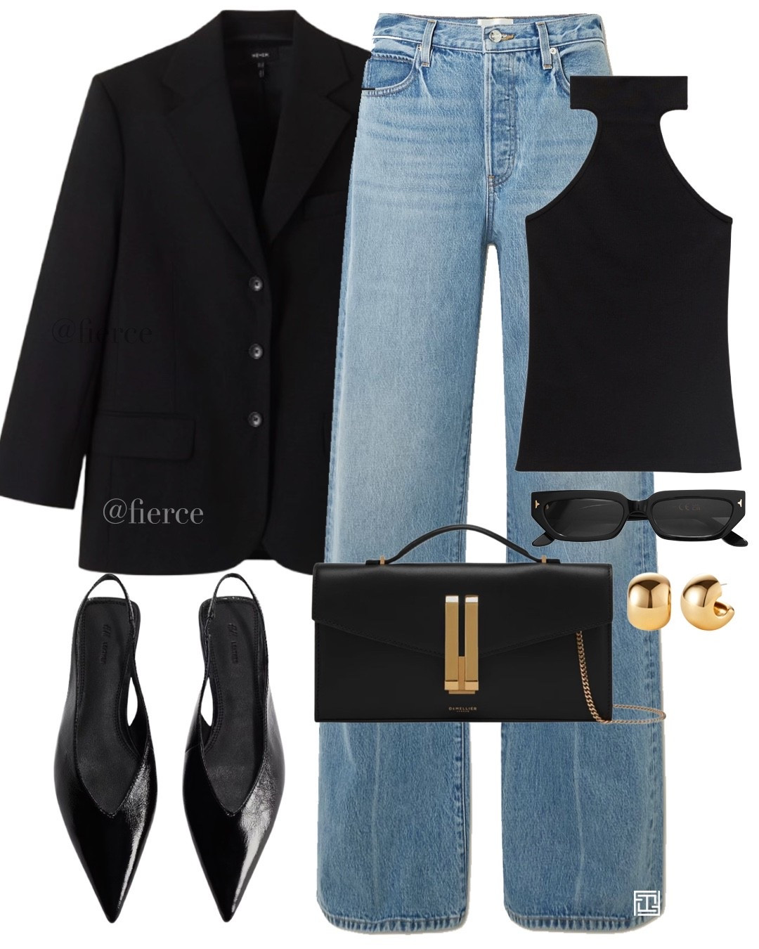 black blazer blue jeans black leather slingback heeled shoes black and gold clutch leather bag black top going out outfit ladies night girls night out evening dinner 

#LTKeurope #LTKuk #LTKspring