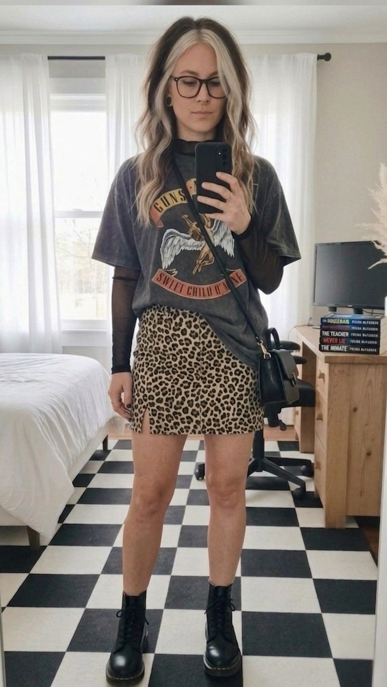 Nothing says effortless style like a vintage-wash Guns N' Roses graphic tee paired with a statement leopard print mini skirt. This look is the perfect mix of "cool girl" energy and 2026's biggest animal print revival. I’ve layered a sheer mesh long-sleeve underneath for that extra 90s grunge dimension—perfect for transitional weather! Finishing it off with my go-to Doc Martens and a sleek crossbody.

#LTKmomlife #LTKSeasonal #LTKootd