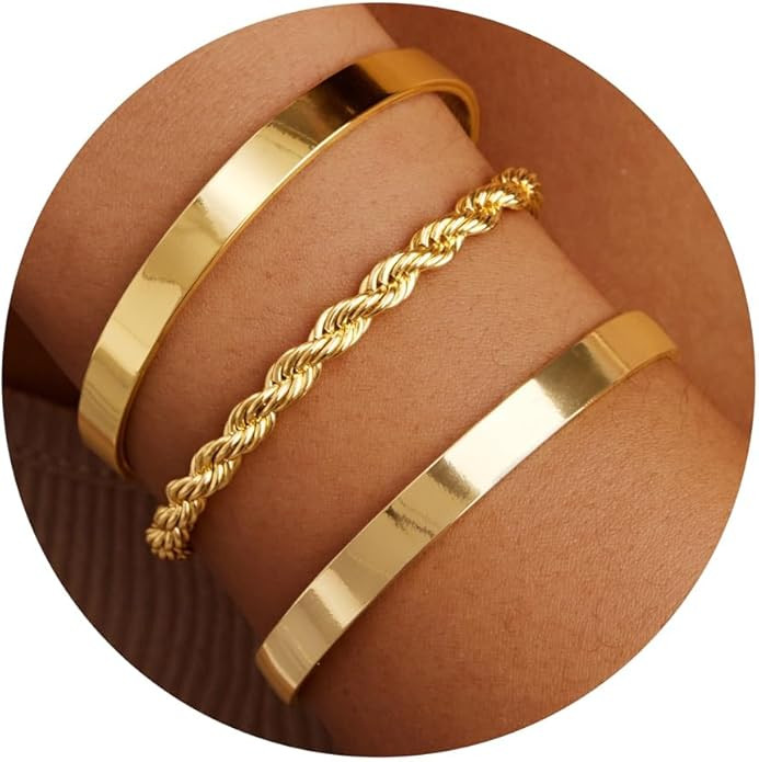 Gold Bangle Bracelets for Women, 14K Gold Plated Bracelet Non Tarnish Bangle Cuff Bracelet Set fo... | Amazon (US)