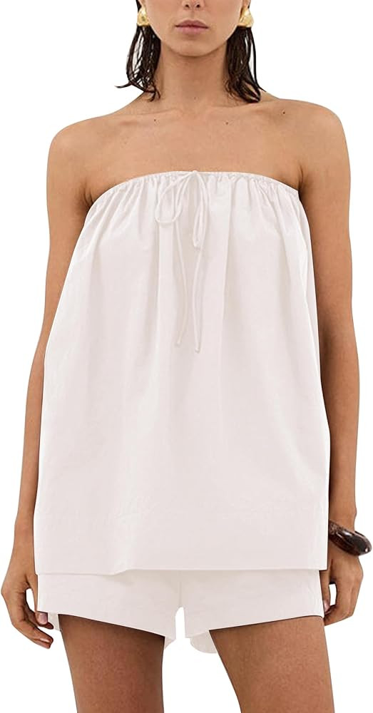 Women 2 Piece Shorts Set Loose Fit Strapless Tube Top and High Rise Drawstring Shorts Lounge Summ... | Amazon (US)