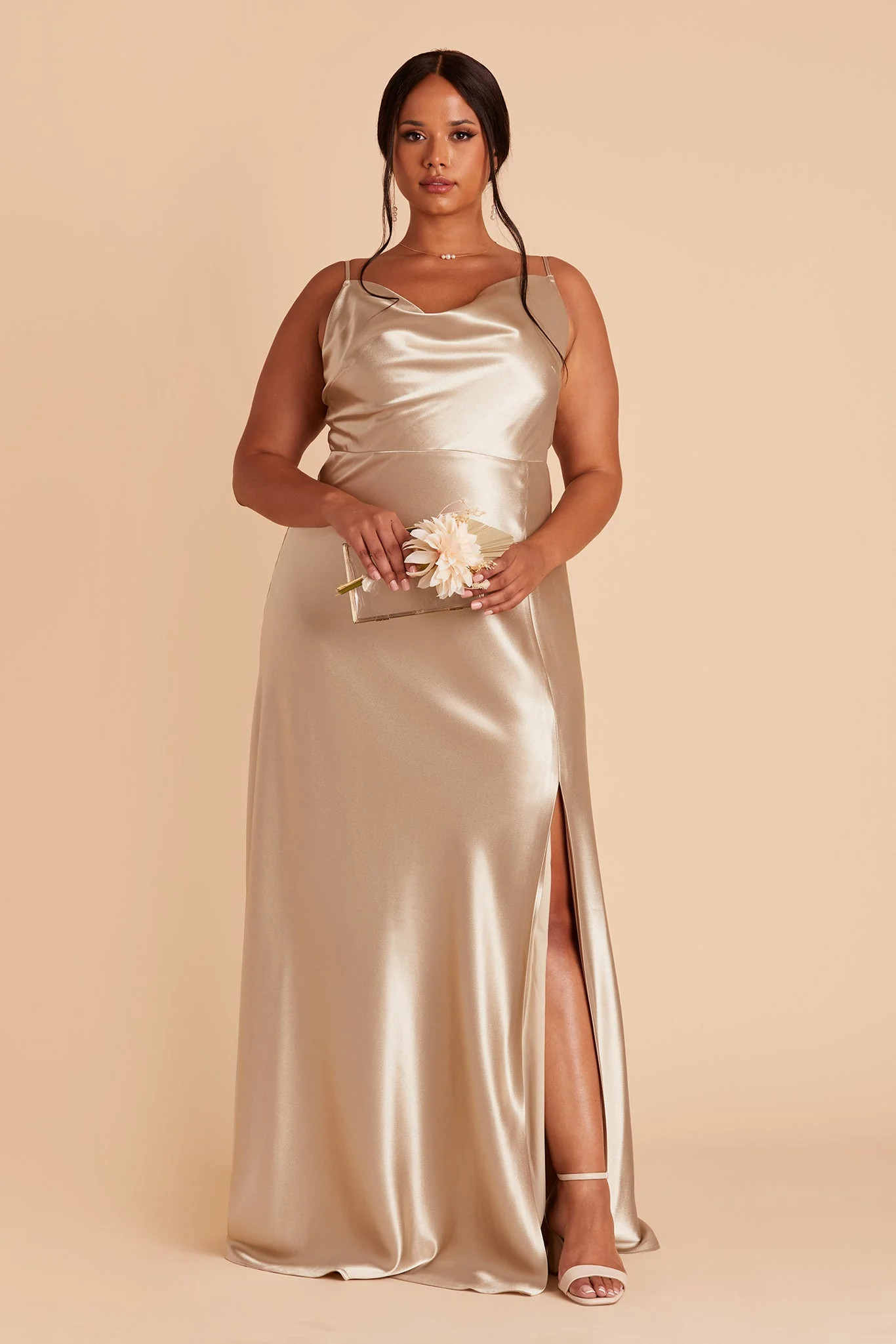 Lisa Long Shiny Satin Dress - Neutral Champagne | Birdy Grey