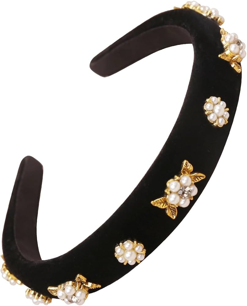 Black Baroque Velvet Rhinestone Pearls Headbands for Women Girls, Non Slip Fashion Elegant Headba... | Amazon (US)
