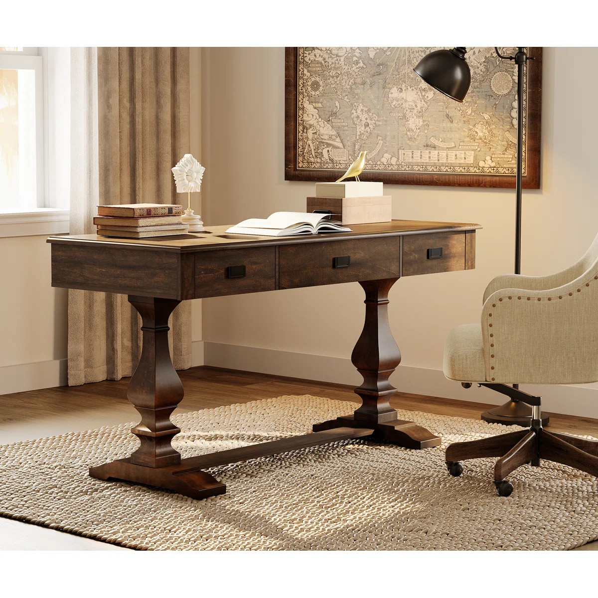 Laziza 60-inch Vintage Executive Desk with Charging Station,  featuring T-Style Solid Wood Legs w... | Wayfair North America