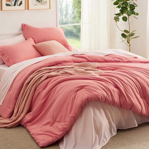 Bedsure Queen Comforter Set - 7 Pieces Coral Queen Bedding Set for All Seasons, Boho Contrasting Design Bed in a Bag with Comforter, Sheets, Pillowcases & Shams | Amazon (US)