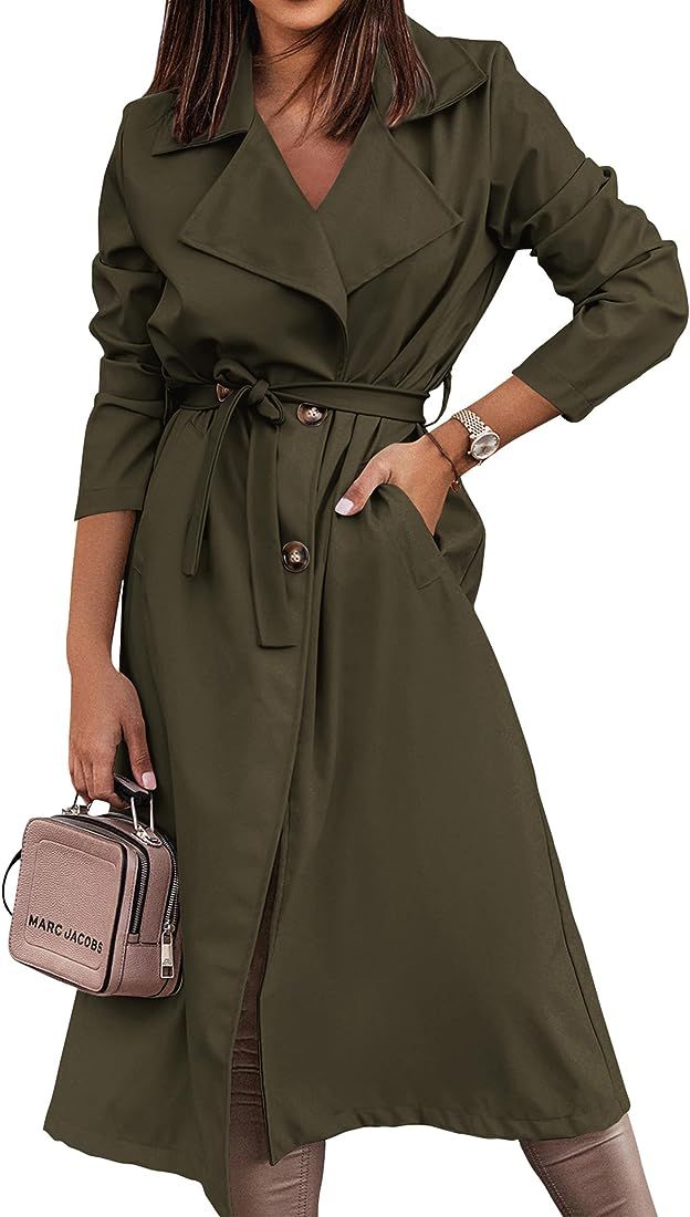 KIRUNDO Women's Trench Coat Long Double-Breasted Fall Fashion 2023 Classic Lapel Slim Overcoat Outer | Amazon (US)