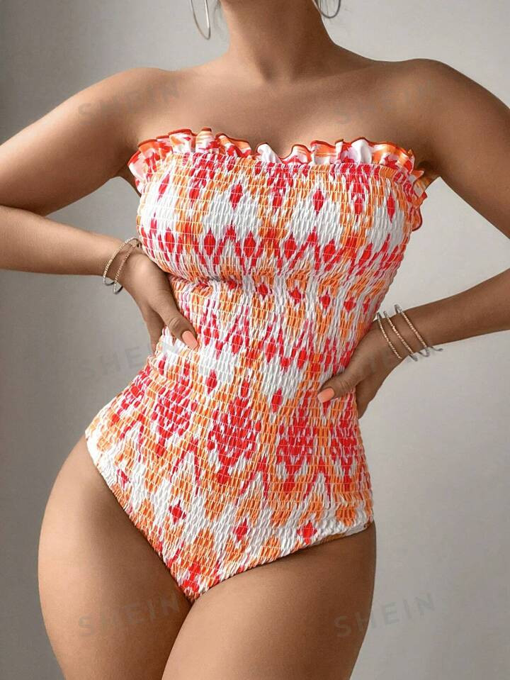 Full Printed Bandeau One-Piece Swimsuit | SHEIN