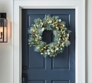 Pre-Lit Faux Eucalyptus & Pine Wreath | Pottery Barn (US)