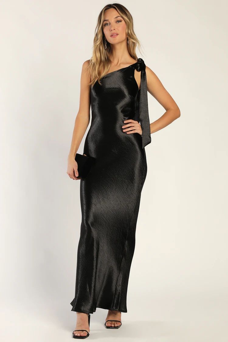 Lavish Looks Black Satin One-Shoulder Tie-Strap Maxi Dress | Lulus (US)