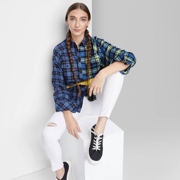 Women's Raglan Long Sleeve Button-Down Hi-Low Flannel Shirt - Wild Fable™ | Target