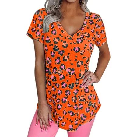 Daciye Women Leopard T Shirt Short Sleeved Streetwear Slim V Neck Tees (Orange L) | Walmart (US)