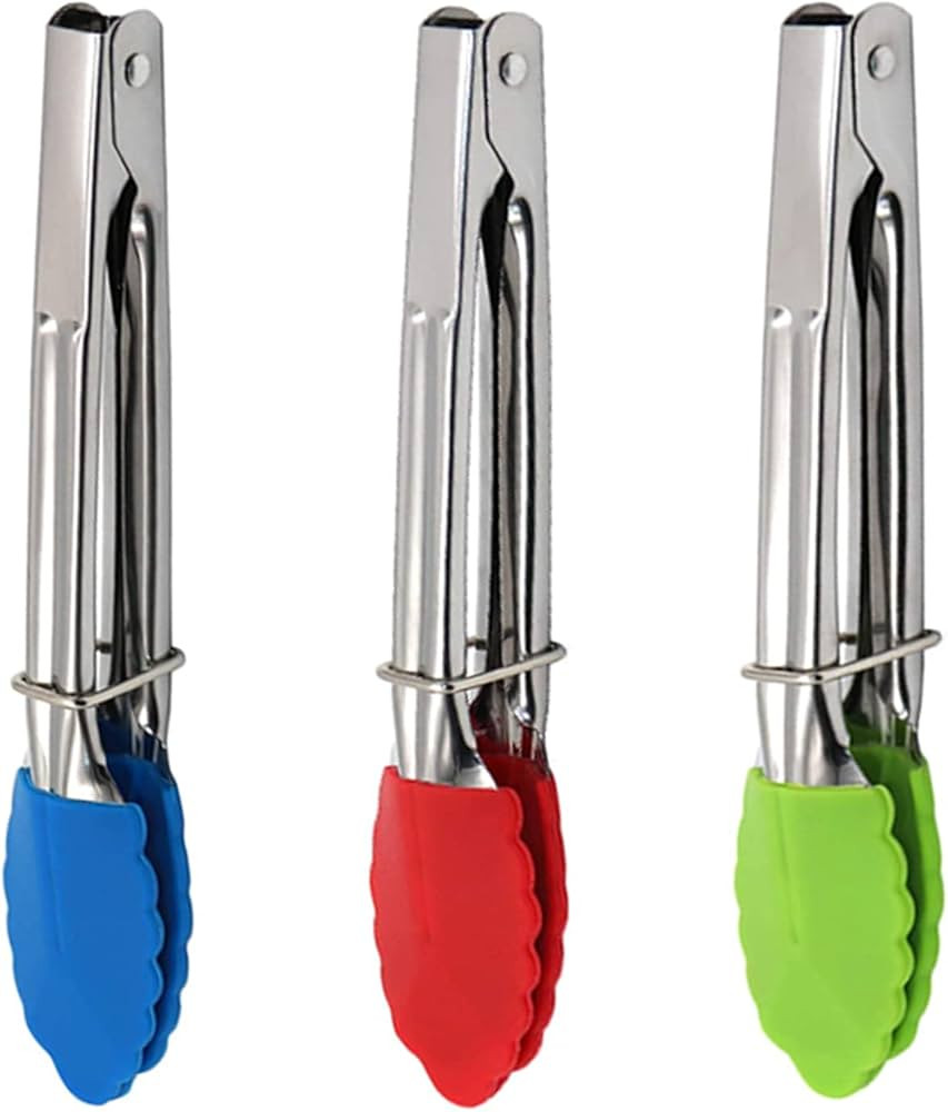 Mini Kitchen Tongs with Silicone Tips,Silicone Serving Tongs of 3 set,7 inch Non-stick Small Tongs with Stainless Steel Silicon Handles, Heat Resistant Tongs for Cooking, Serving (Multi-Color) | Amazon (US)