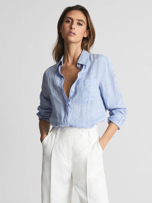 Reiss Blue Campbell Linen Long Sleeve Shirt | Reiss UK