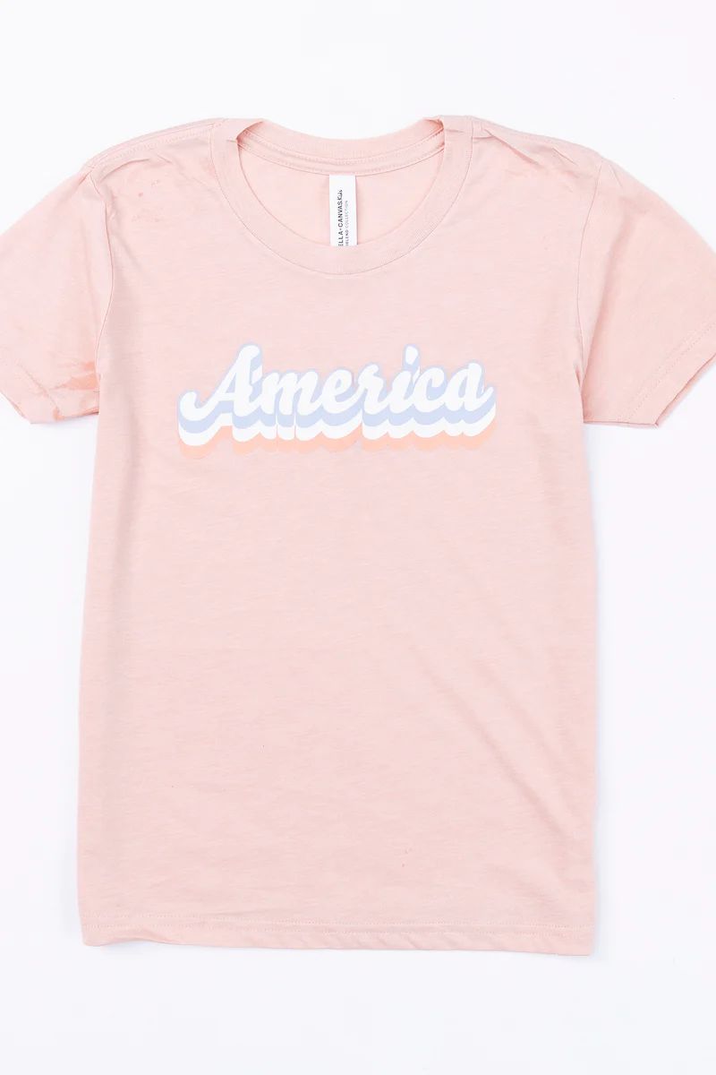America Script Multi Graphic Youth Peach Tee | The Pink Lily Boutique