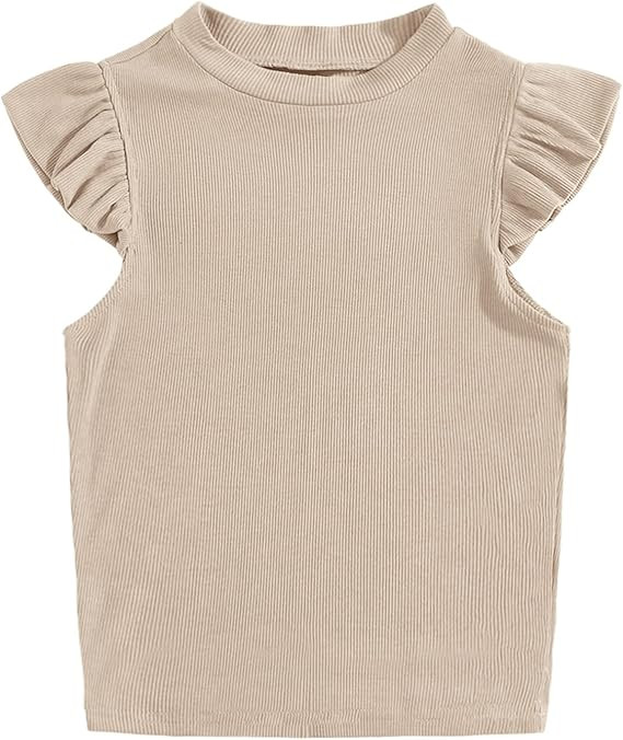 Meilidress Kids Girl's Crew Neck Ruffle Trim Tops Cut Out Sleeve Solid Color Cute T-Shirt Blouse ... | Amazon (US)