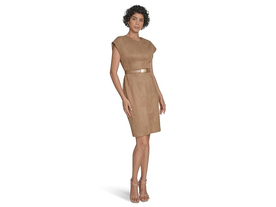 Calvin Klein Suede Belted Cap Sleeve Sheath Women's Dress Luggage : 6, Polyester/Spandex | Zappos