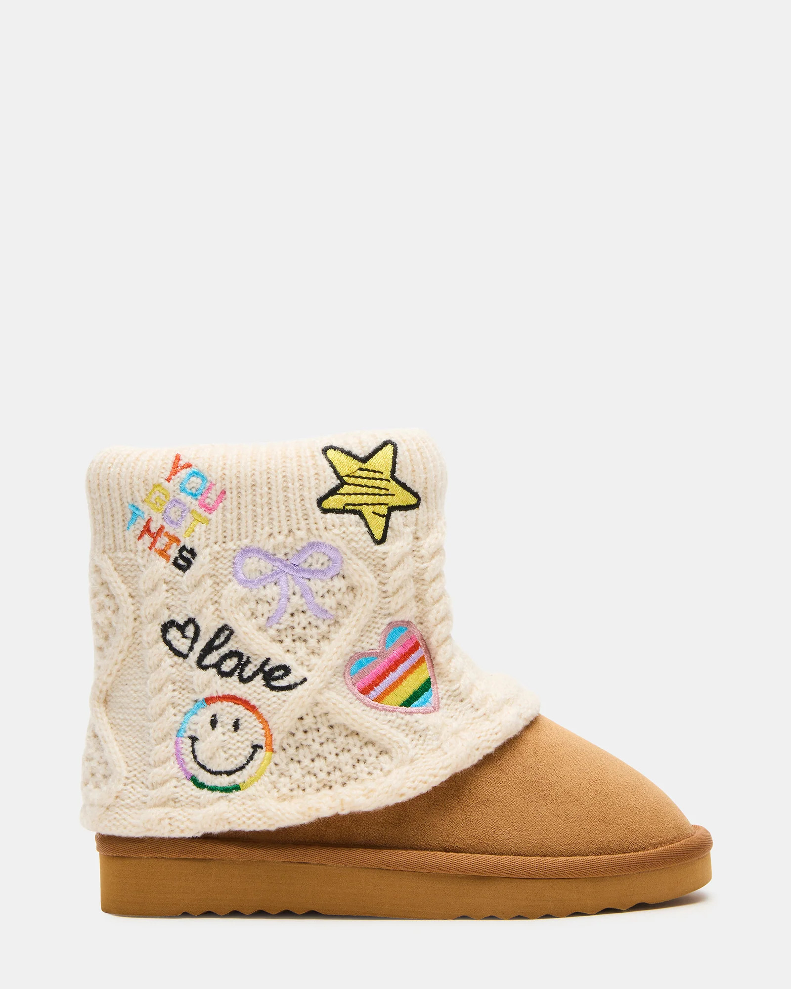 Kids' SWAYY Cognac Multi Faux Fur Knit Fold-Over Patches Girls' Ankle Boot | Steve Madden (US)