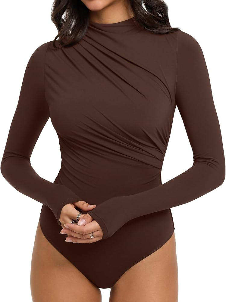 REORIA Womens Long Sleeve Ruched Bodysuit Tops | Amazon (US)