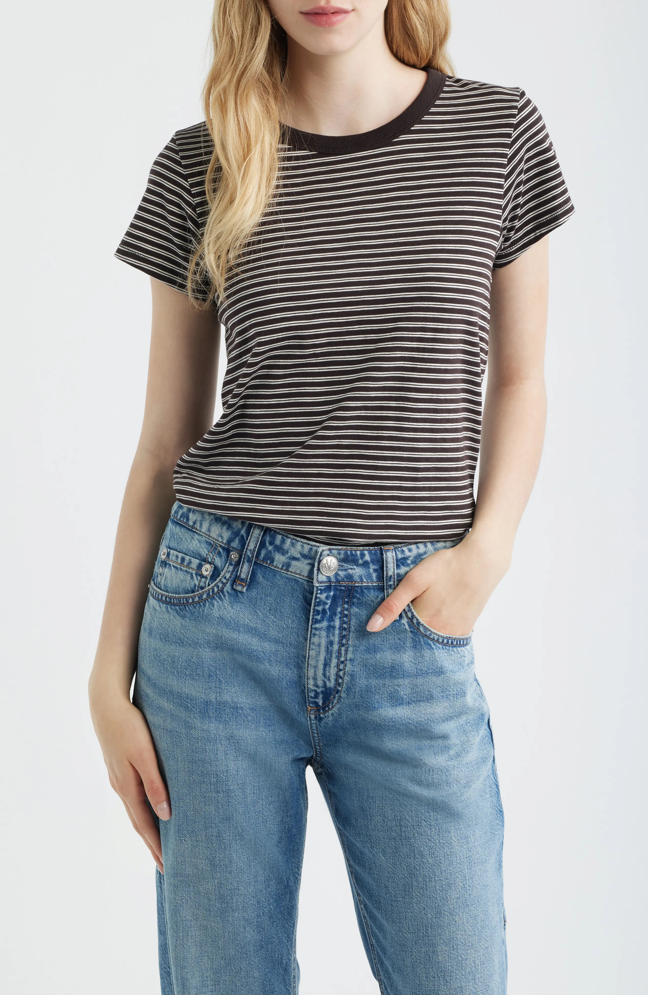 rag & bone The Stripe Organic Pima Cotton Slub T-Shirt in Chocolate Multi at Nordstrom, Size Medium | Nordstrom