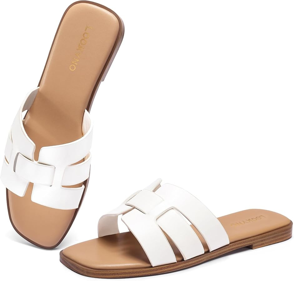Flat Sandals for Women 2025 Dressy Summer Leather Slides with Square Open Toe | Amazon (US)