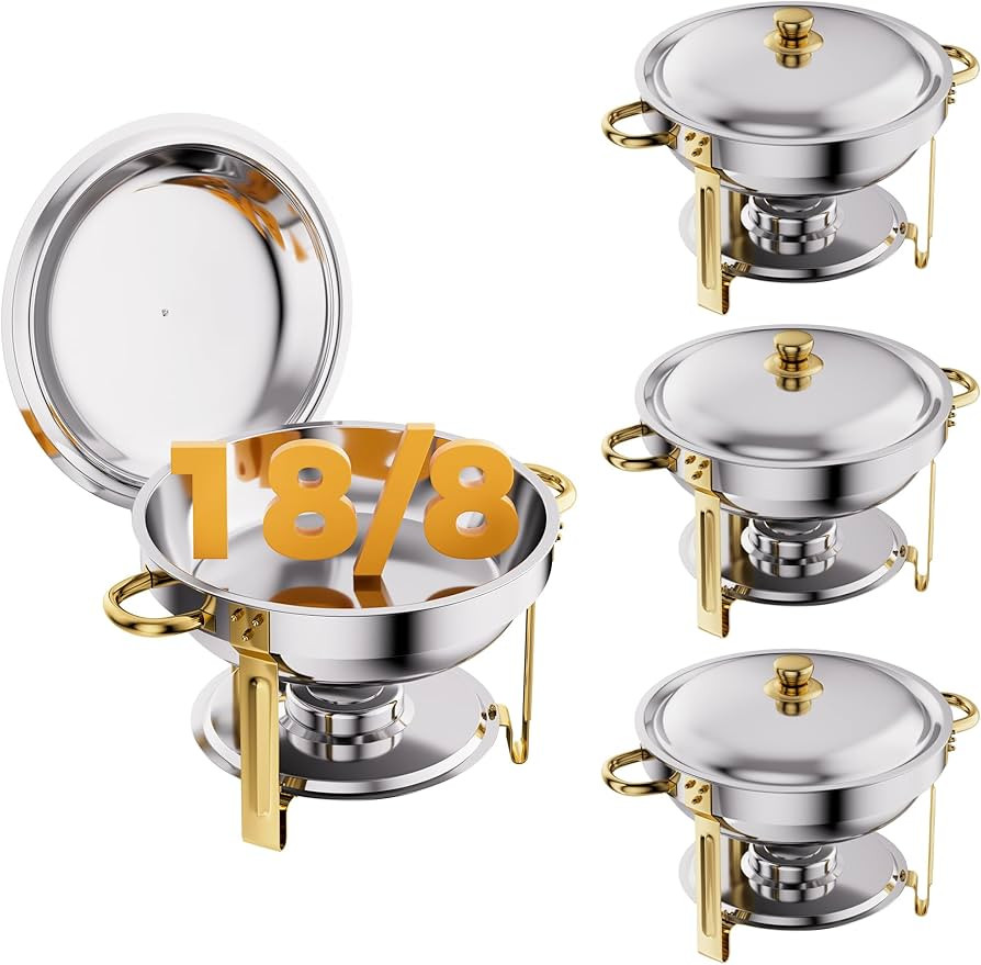 Gold 4 Pack Chafing Dishes for Buffet, 18/8 (304) Stainless Steel Food Pan with Lid, 6QT Round Ch... | Amazon (US)