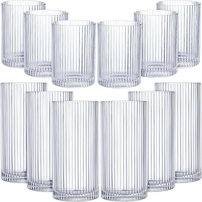 Zhehao 12 Pcs Ribbed Glass Cups Vintage Glassware 9 oz 12 oz Ribbed Clear Cocktail Drinking Glass... | Amazon (US)