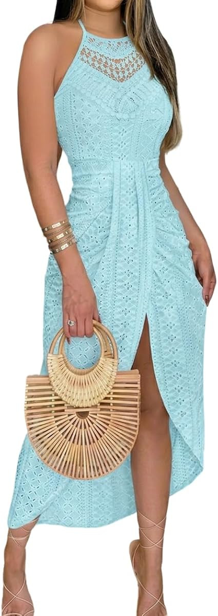 CHICME Womens Summer Halter Dress Hollow Out A Line Vacation Dress | Eyelet Embroidery, Comfortab... | Amazon (US)