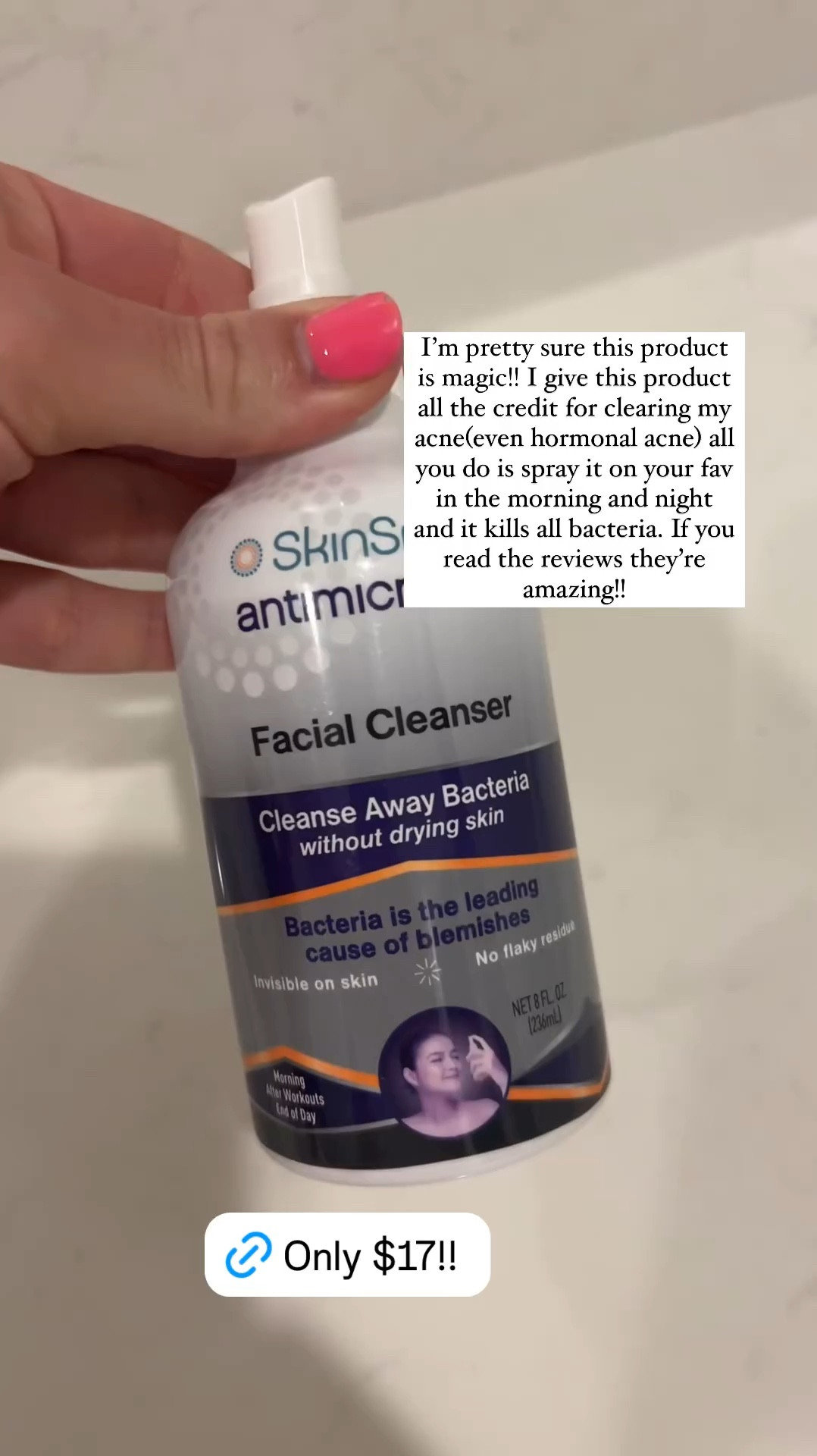 I'm pretty sure this product is magic!! I give this product all the credit for clearing my acne (even hormonal acne) all you do is spray it on your face in
in the morning and night and it kills all bacteria. The reviews are absolutely amazing!! 

#LTKVideo #LTKBeauty #LTKStyleTip