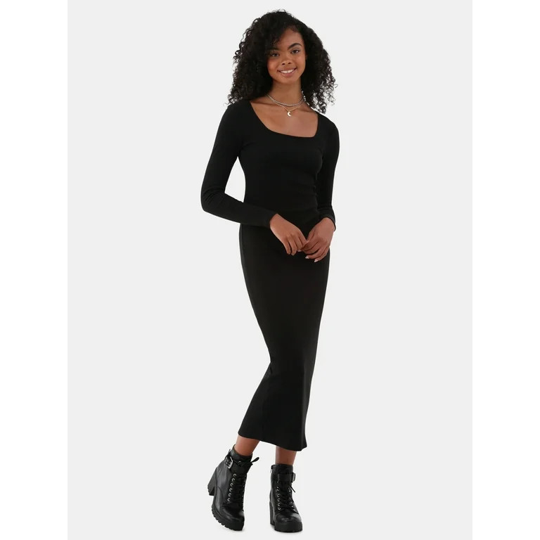 No Boundaries Square Neck Maxi Dress with Long Sleeves, Women's and Women's Plus | Walmart (US)