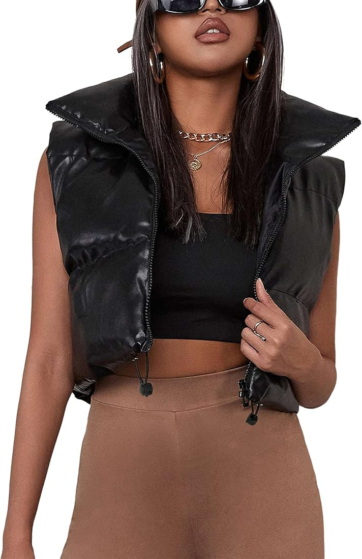Ailoqing Womens Faux Leather Puffer Vest Zip Up Sleeveless Winter Cropped Jacket | Amazon (US)