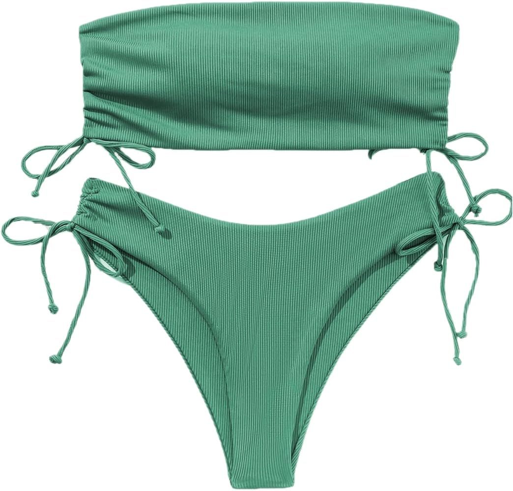 MakeMeChic Women's 2 Piece Bandeau Swimsuits Tie Side Ribbed Bikini Set Tankini | Amazon (US)