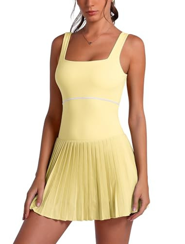 ABOCIW Tennis Dresses for Women Square Neck Pleated Tennis Dress with Built in Shorts and Bra Backless Athletic Dress Golf Workout Active Dresses Yellow Small | Amazon (US)