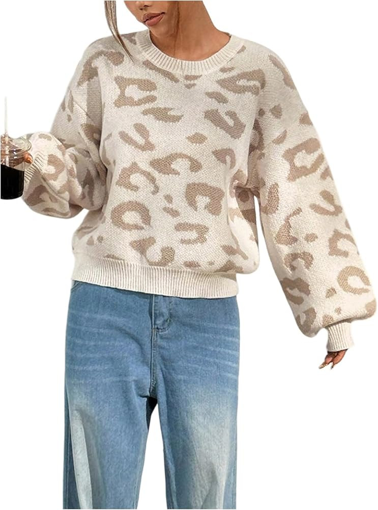 Verdusa Women's Leopard Print Pullover Sweaters Casual Streetwear Drop Shoulder Knit Tops | Amazon (US)