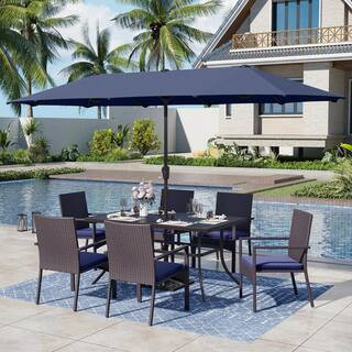 Black 8-Piece Metal Patio Outdoor Dining Set with Umbrella and Rattan Chair with Blue Cushion | The Home Depot