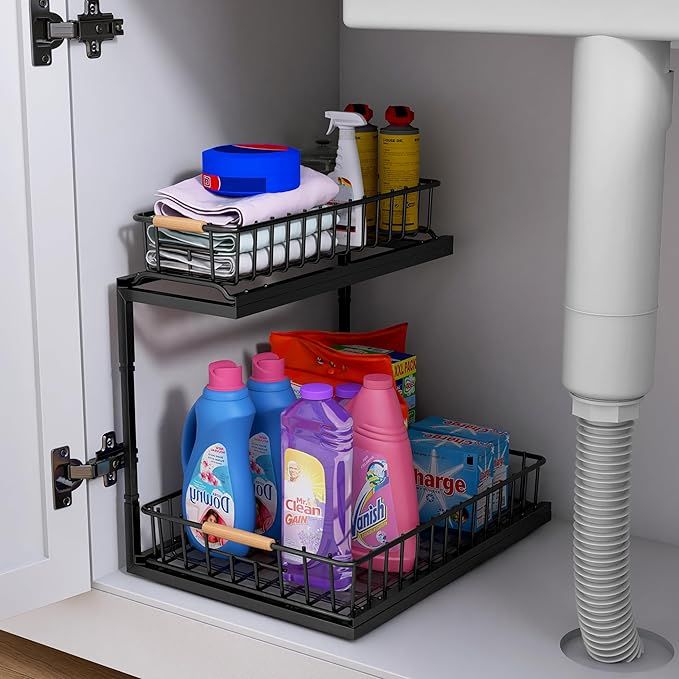 B-Land Under Sink Organizer and Storage, Metal Pull Out Kitchen Cabinet Organizer with Double Sli... | Amazon (US)