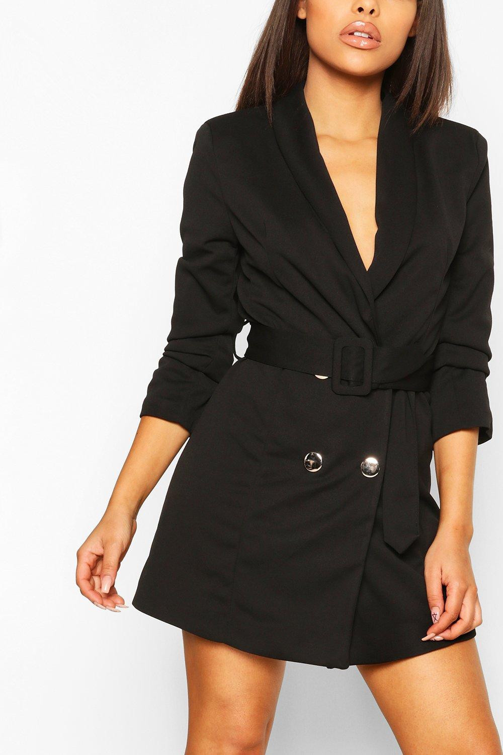 Womens Petite Belted Ruched Blazer Dress - Black - 6 | Boohoo.com (US & CA)