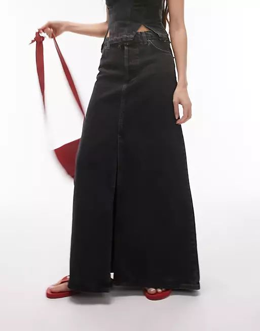 Topshop denim low slung maxi skirt in washed black | ASOS (Global)