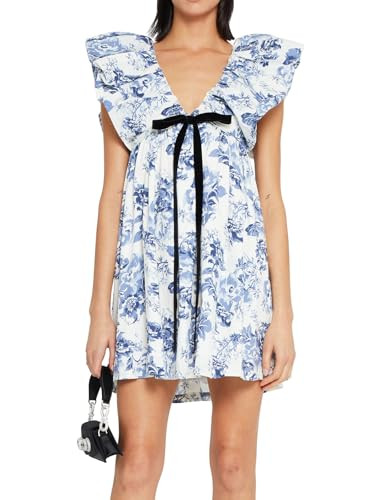 hibshaby Women's Floral Print Mini Dress V Neck Puff Sleeve Dress Short Babydoll Bow Dress | Amazon (US)