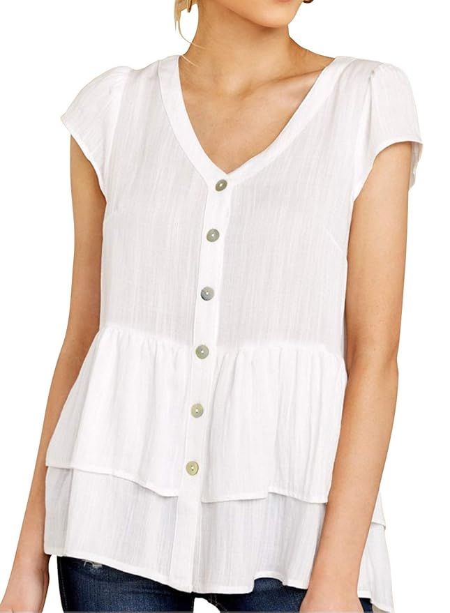DOROSE Women's Summer V-Neck Shirt Casual Loose Peplum Tops Blouse | Amazon (US)