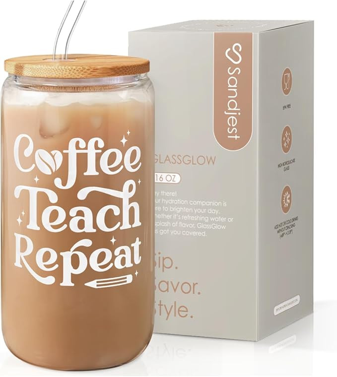 SANDJEST Teacher Glass Can, Coffee Teach Repeat Cup, Coffee Aesthetic Cups, Gift for Christmas Th... | Amazon (US)