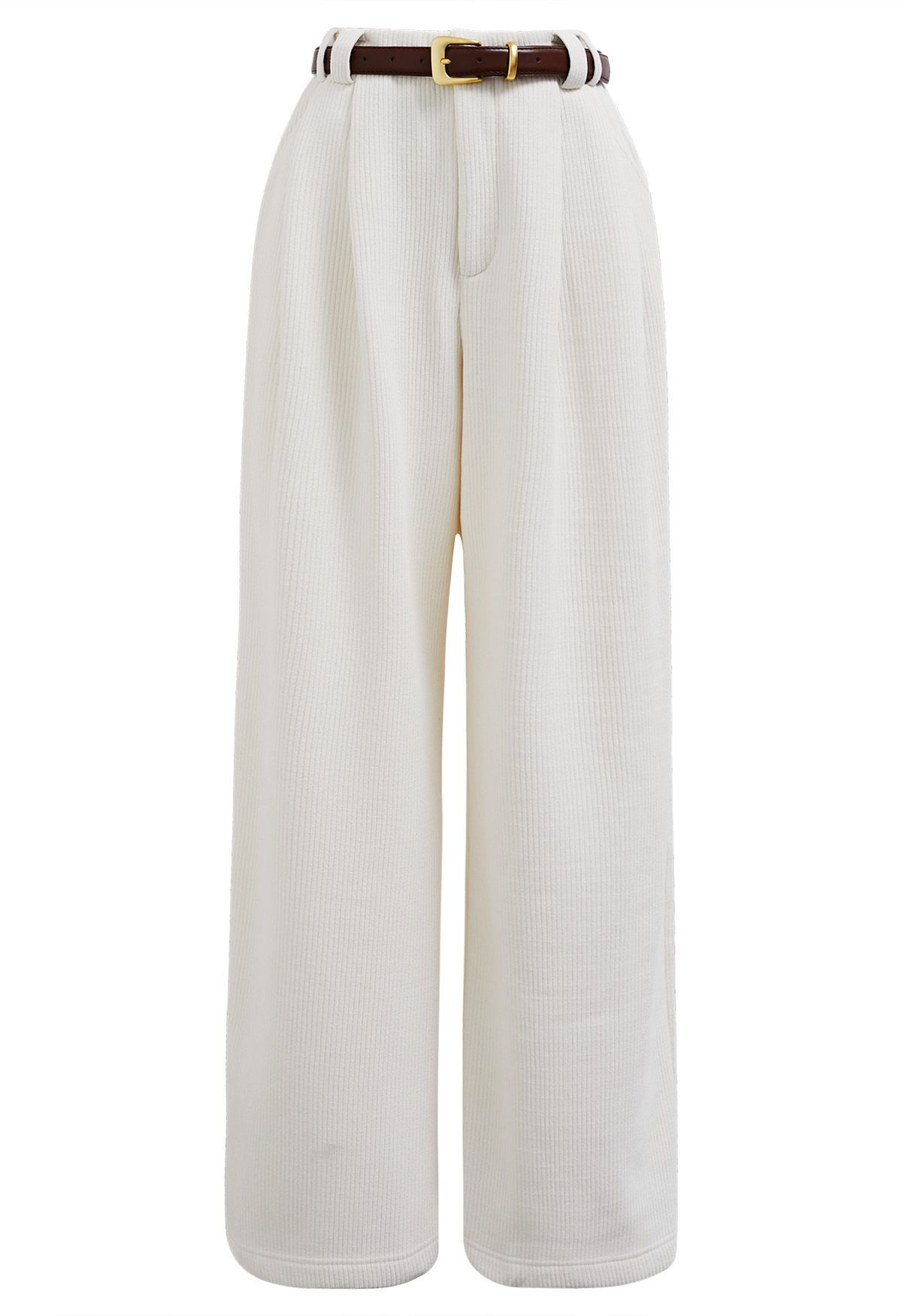 Fleece-Lined Corduroy Belted Straight-Leg Pants in White | Chicwish