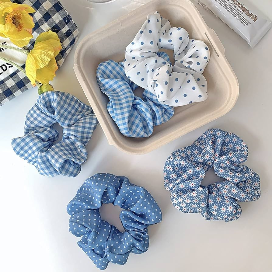 Blue Plaid Scrunchies Set - 5 Bandana Hair Ties for Women | Amazon (US)