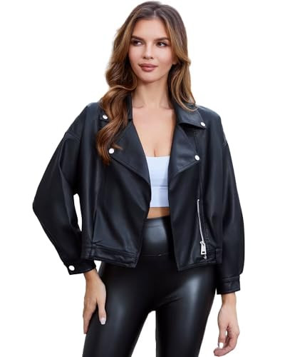 DIASHINY Women's Cropped Faux Leather Jacket Loose PU Leather Moto Biker Coat Motorcycle Jackets Black S | Amazon (US)