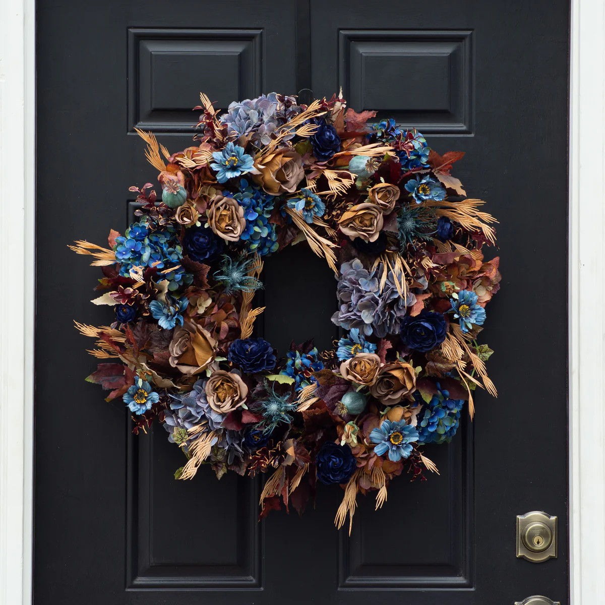 Vintage Blue Hydrangea with Brown Roses & Wildflowers Fall Front Door Estate Wreath | Darby Creek Trading