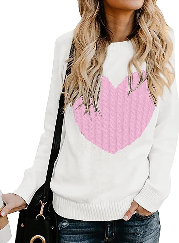 QIXING Women's Pullover Sweater Round Neck Long Sleeve Heart-Shaped Sweater | Amazon (US)