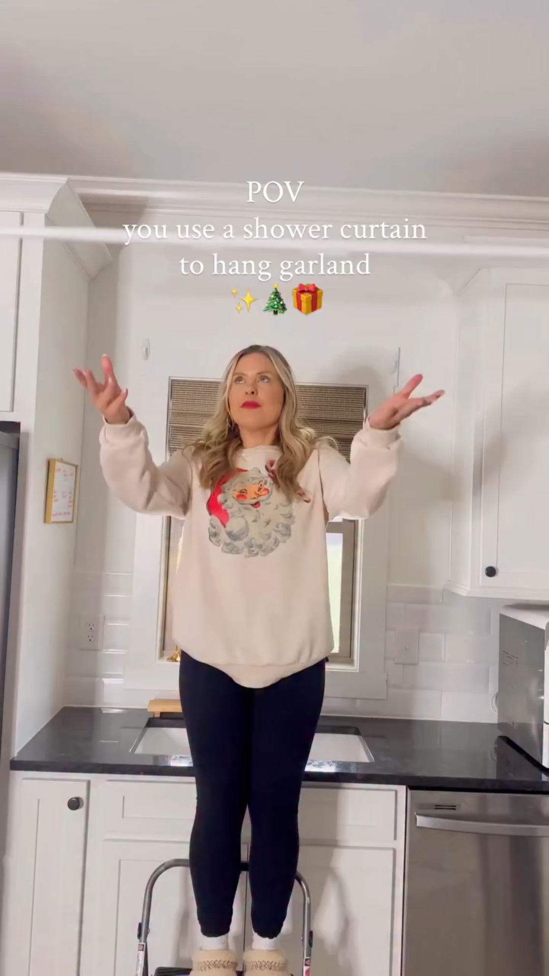 A shower curtain? Who would have thought! ✨

Comment “Santa” for links to my Santa sweatshirt! #holidaydecorating #diyholiday #holidayinspo 

Holiday decor 2025, holiday decoration, holiday decoration tutorials,