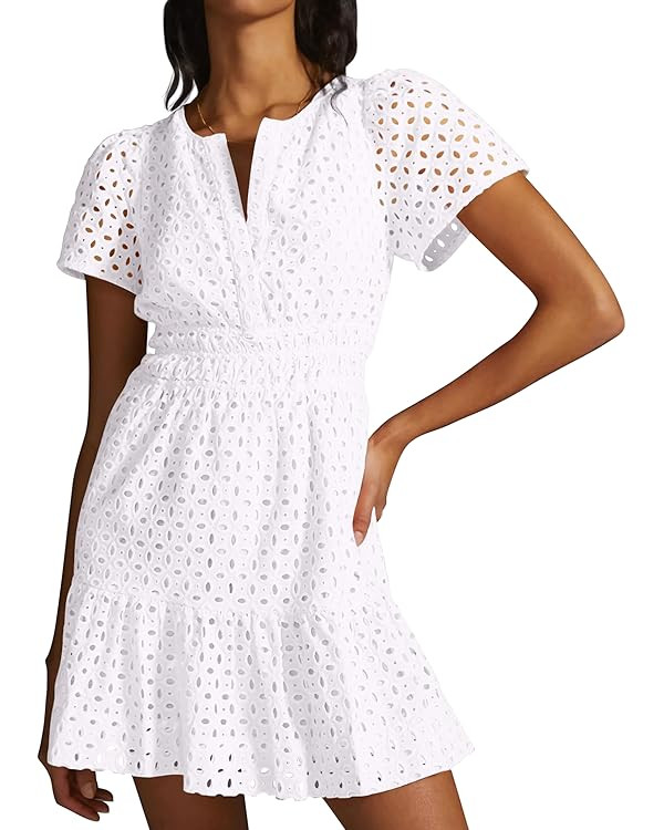 PRETTYGARDEN Womens 2024 Summer Short Dress V Neck Short Sleeve A Line Hollow Out Lace Ruffle Cut... | Amazon (US)